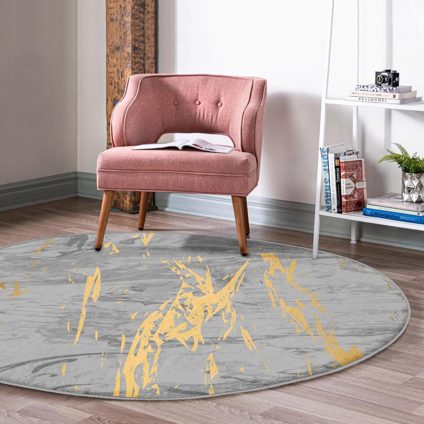 Gray Marble Patterned Round Rug, Luxury Living Room Area Rug, Bedroom