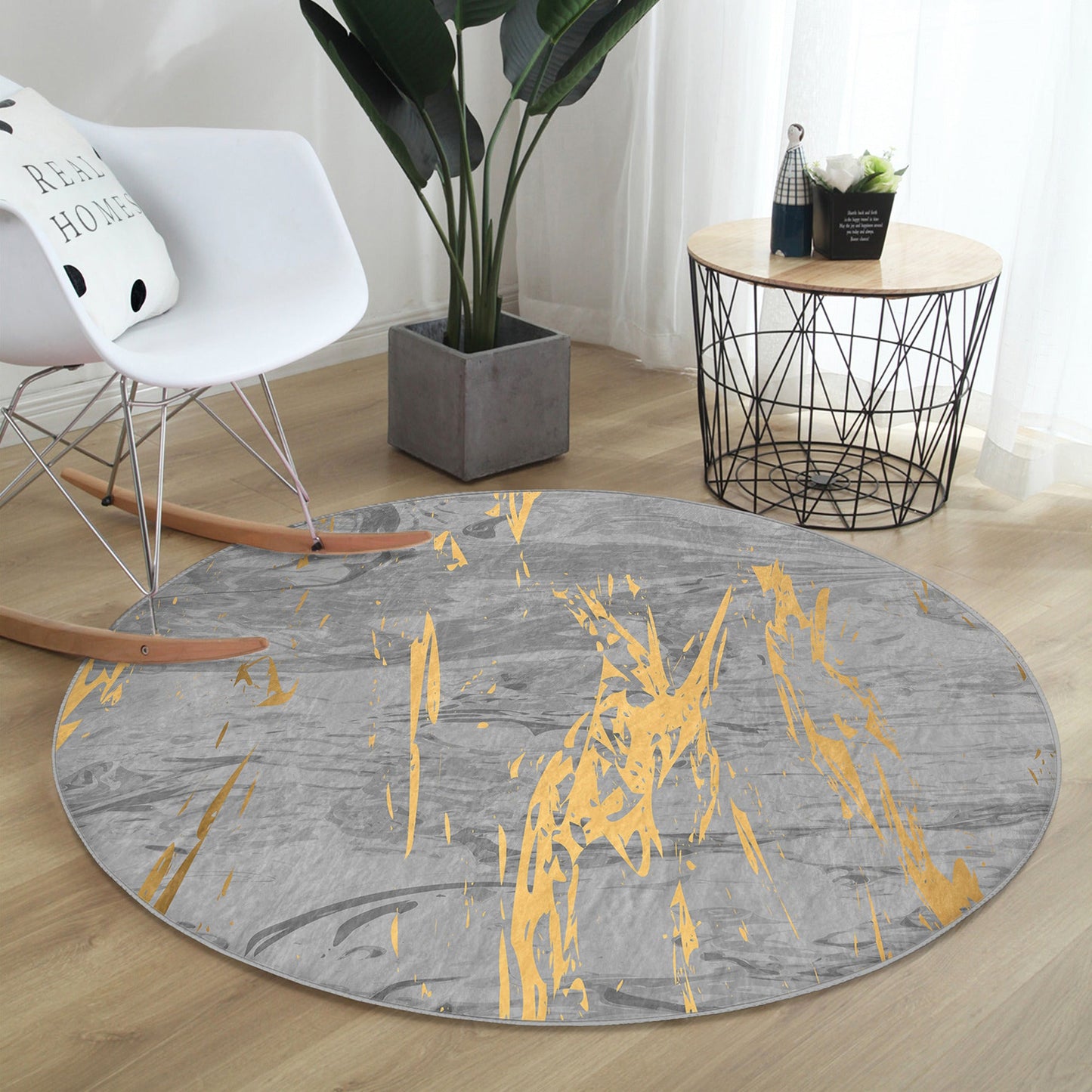 Gray Marble Patterned Round Rug, Luxury Living Room Area Rug, Bedroom
